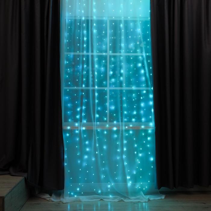 Гирлянда "Занавес" 2.8*3 м "Роса" IP20, серебристая нить, 300 LED, аквамарин, USB 6074032