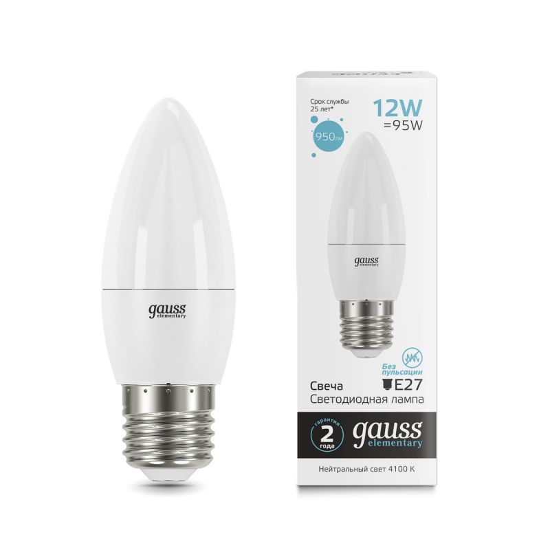 Лампа светодиодная LED 12Вт 950Лм 4100К 220В Е27 свеча Elementary Gauss / 30222