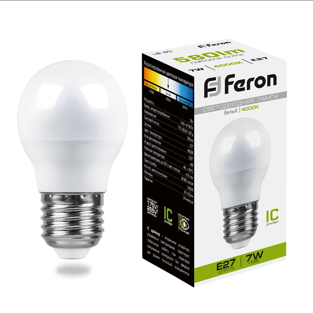 Лампа светодиодная 7W E27 шар 4000K 220v Feron LB-95 25482