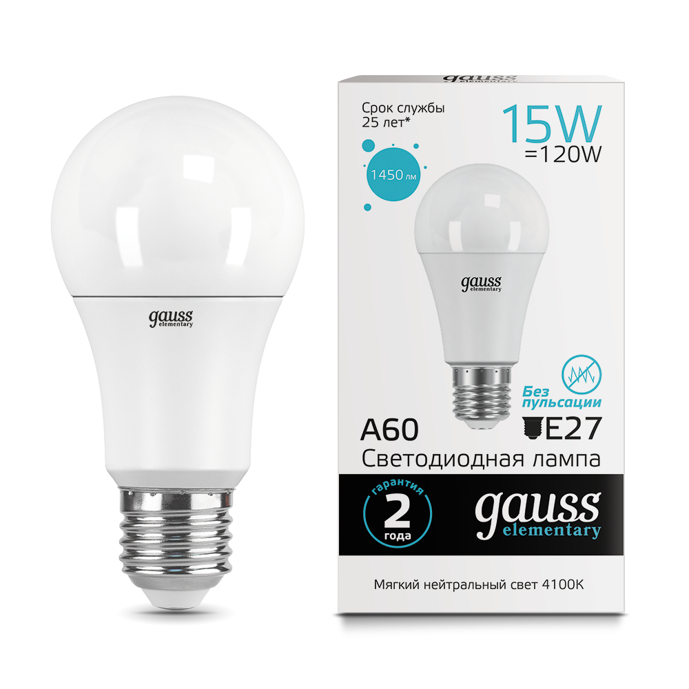 Лампа светодиодная LED 15Вт 1450Лм 4100К 220В E27 А60 Elementary Gauss /23225 