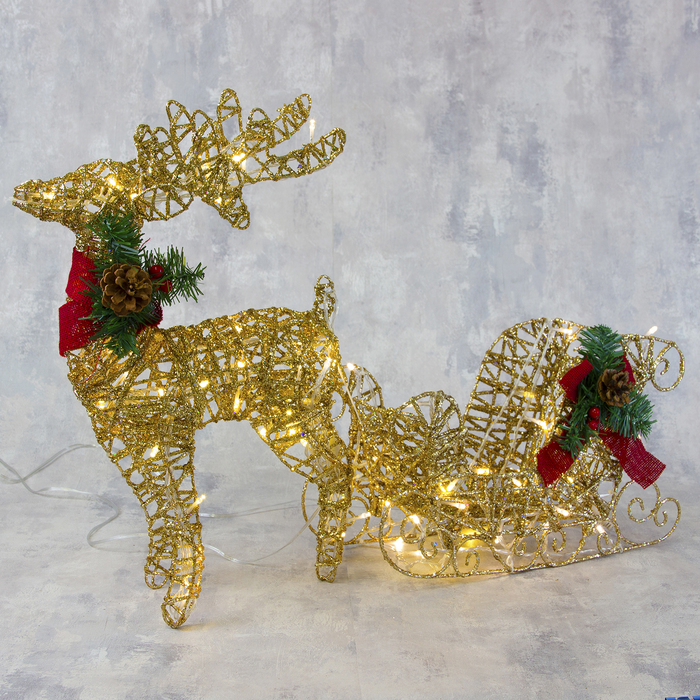 Фигура светодиодная "Олень с санями золотой" Ол: 50 см 40LED, Сани: 25*40*16 см 30 LED т.б. 3662054