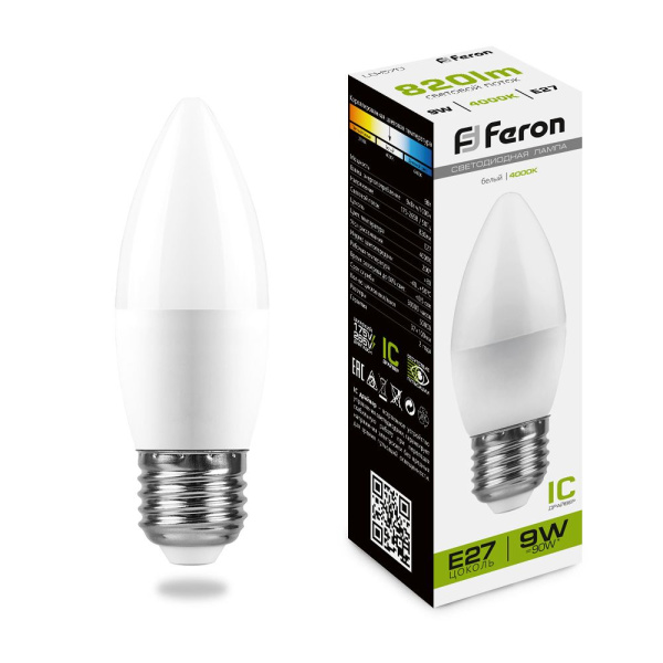 Лампа светодиодная 9W E27 свеча матовая 220v 4000K Feron LB-570 25937