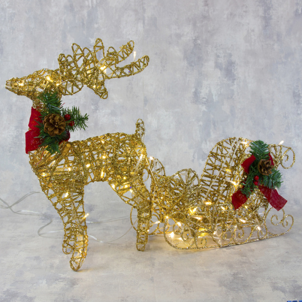 Фигура светодиодная "Олень с санями золотой" Ол: 50 см 40LED, Сани: 25*40*16 см 30 LED т.б. 3662054