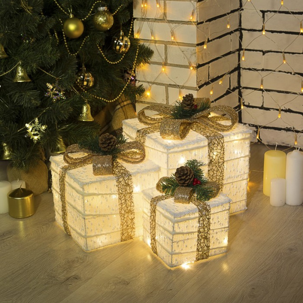 Фигура текстиль "Подарки белые с бежевой лентой" 15*20*25 см, 60 LED, свечение теплое белое 4357001